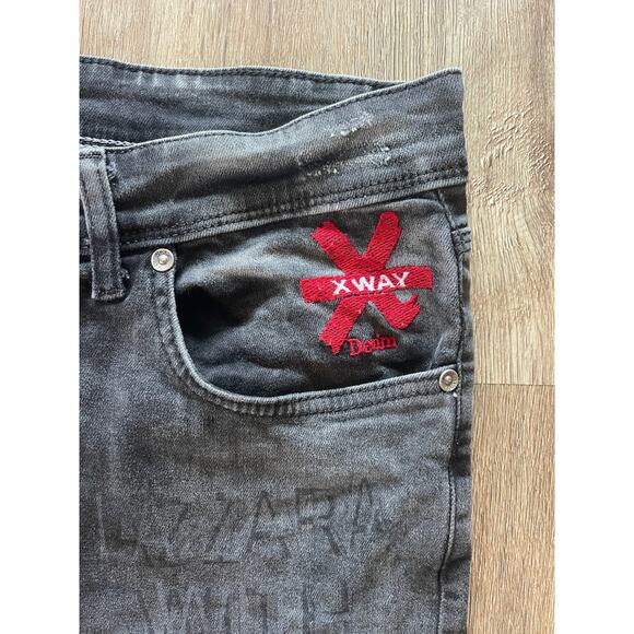 XWAY Dark Gray Skinny Jeans Skull Embroidered We Love What We Do Size 36x29 - Picture 3 of 8